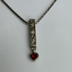 Brighton "A Day of Love" Necklace Silver Tone Red Heart Crytsal Bar Drop Retired